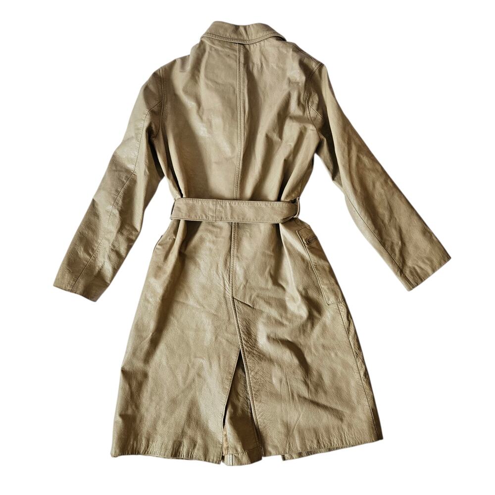Y2k Euro Trench Coat Beige Caracetre Longline Vegan Leather - Small - Picture 2 of 5